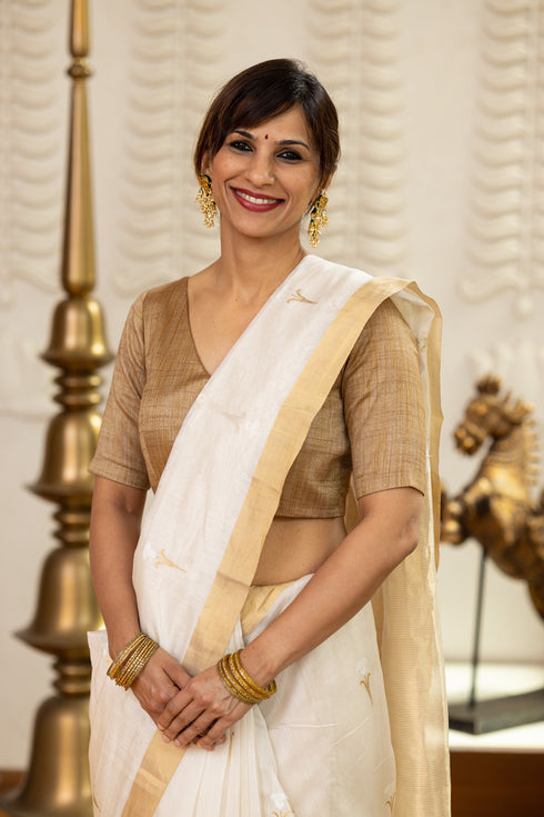 Handwoven Chanderi Cotton Silk White & Gold Tulip Saree